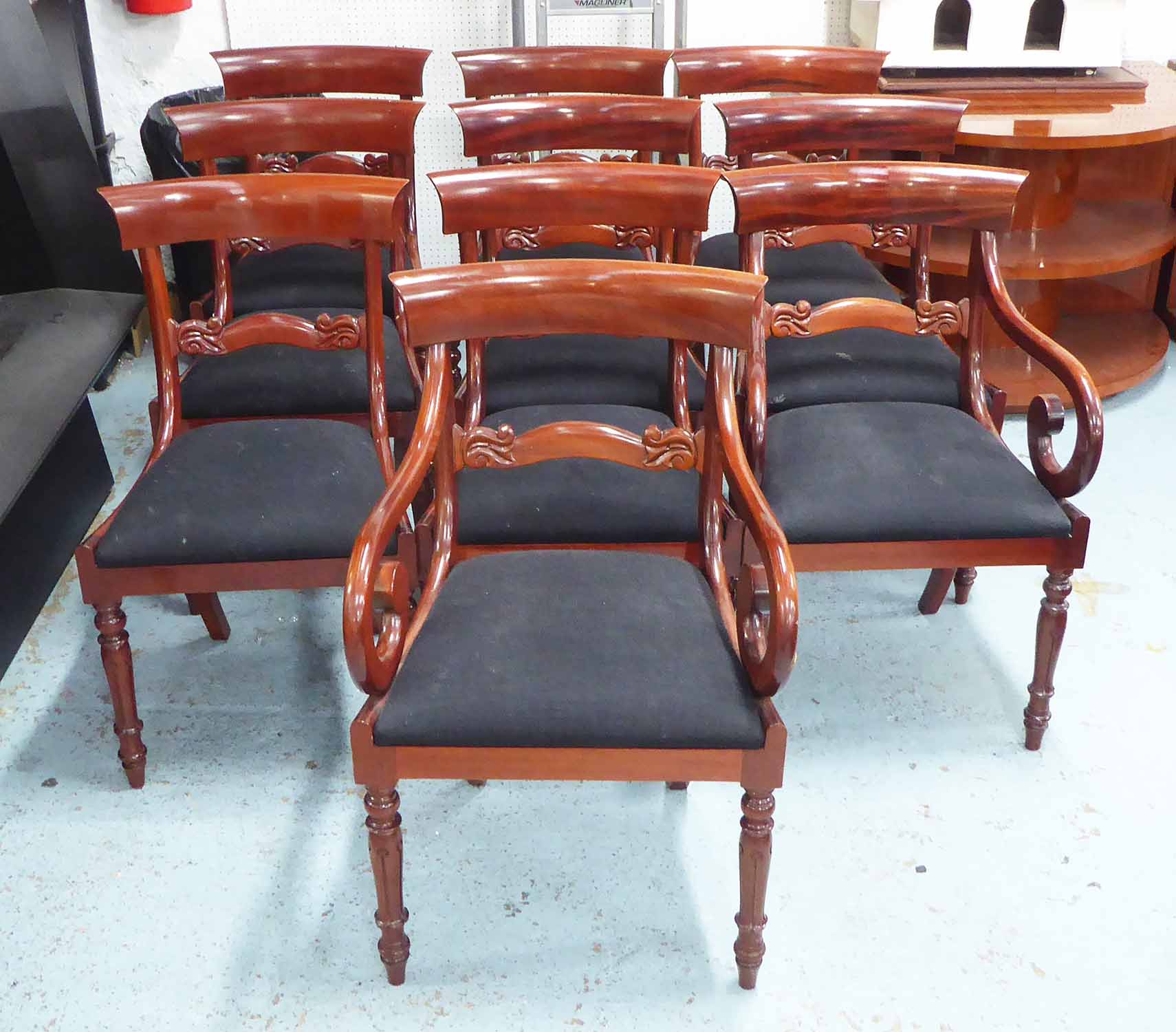 DINING CHAIRS, a set of ten, including two carvers, William IV style, mahogany,