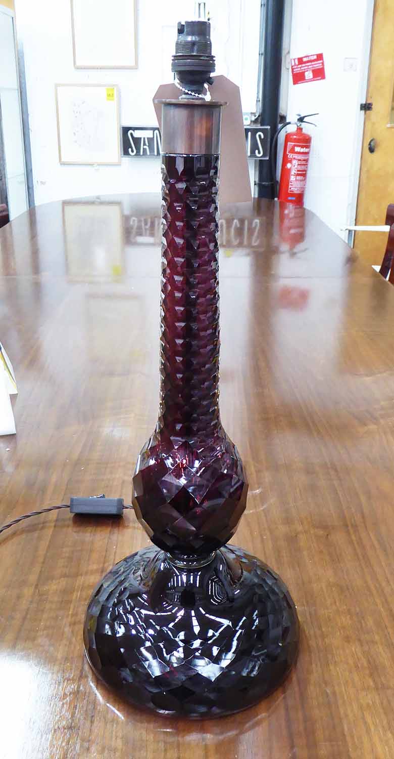 NINA CAMPBELL LAMP, in cut cranberry glass, 55cm H.