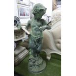 CAST IRON STATUE OF A PUTTI WITH BUTTERFLY, in verdigris finish, 110cm H.