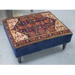 STOOL, rectangular with carpet and blue velvet upholstery, 81cm W x 68cm D.