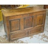 COFFER, George II oak with hinged top and panelled front, 73cm H x 115cm x 52cm.