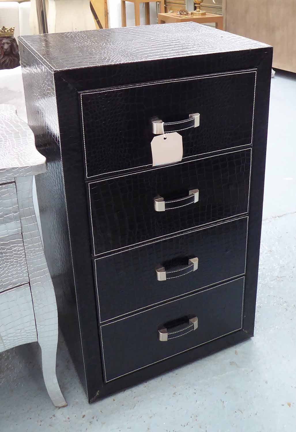 TALL CHEST, having four drawers in faux crocodile pattern with silvered finish,