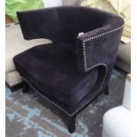 KLISMOS CHAIR, in black fabric, studded detail, on square supports, 77cm W.