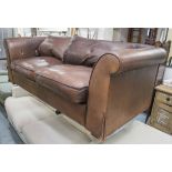 HEALS SOFA, brown leather with twin seat and back cushions, 90cm H x 22cm W x 94cm D.