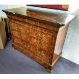 COMMODE, French 19th century Louis Philippe, burr walnut with a marble top above five drawers,