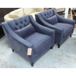 ARMCHAIRS, a pair, with sloping arms in midnight blue upholstery, 80cm x 90cm x 80cm.