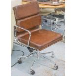 REVOLVING DESK CHAIR, Charles Eames inspired soft pad hand finished leaf brown leather,