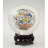 CHINESE INSIDE PAINTED GLASS SPHERE, with one hundred boys decoration, modern wood stand, 10cm diam.