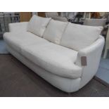SOFA, two large seater, in cream leather and cream fabric, on metal supports, 231cm long.