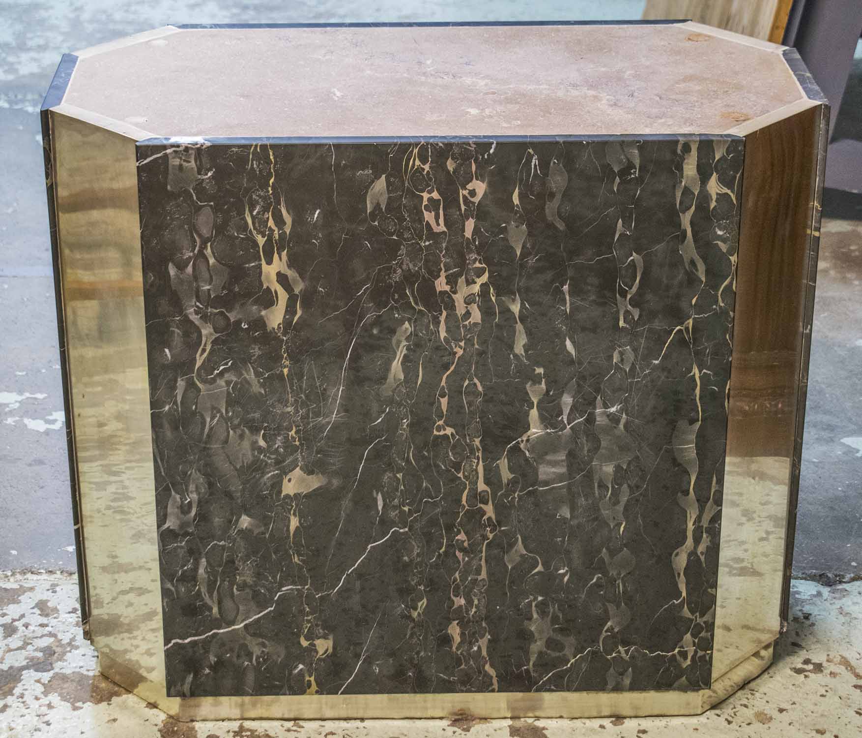 CONSOLE TABLE, mid 20th century black marble and silvered metal canted corners,