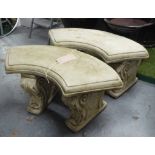 BENCHES, a pair, curved reconstituted stone, 99cm L.