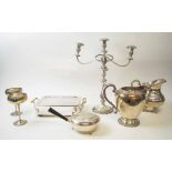 VARIOUS SILVER PLATED WARES, including a warming dish, two goblets, two water jugs,
