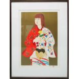 CONTEMPORARY JAPANESE SCHOOL 'Geisha holding a dandilion', woodblock print,