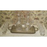 DECANTERS, Burgundy and sherry cut glass, a quantity of glasses and a plated tray, 52cm x 30cm.
