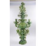 JADE PAGODA SCULPTURE, late 20th century/early 21st century, plus pierced wooden stand,