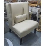 WINGBACK ARMCHAIRS, a pair, in a white leather finish, 110cm H.