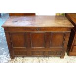 MULE CHEST, Queen Anne oak with a rising lid, panelled front and sides and long drawer to base,