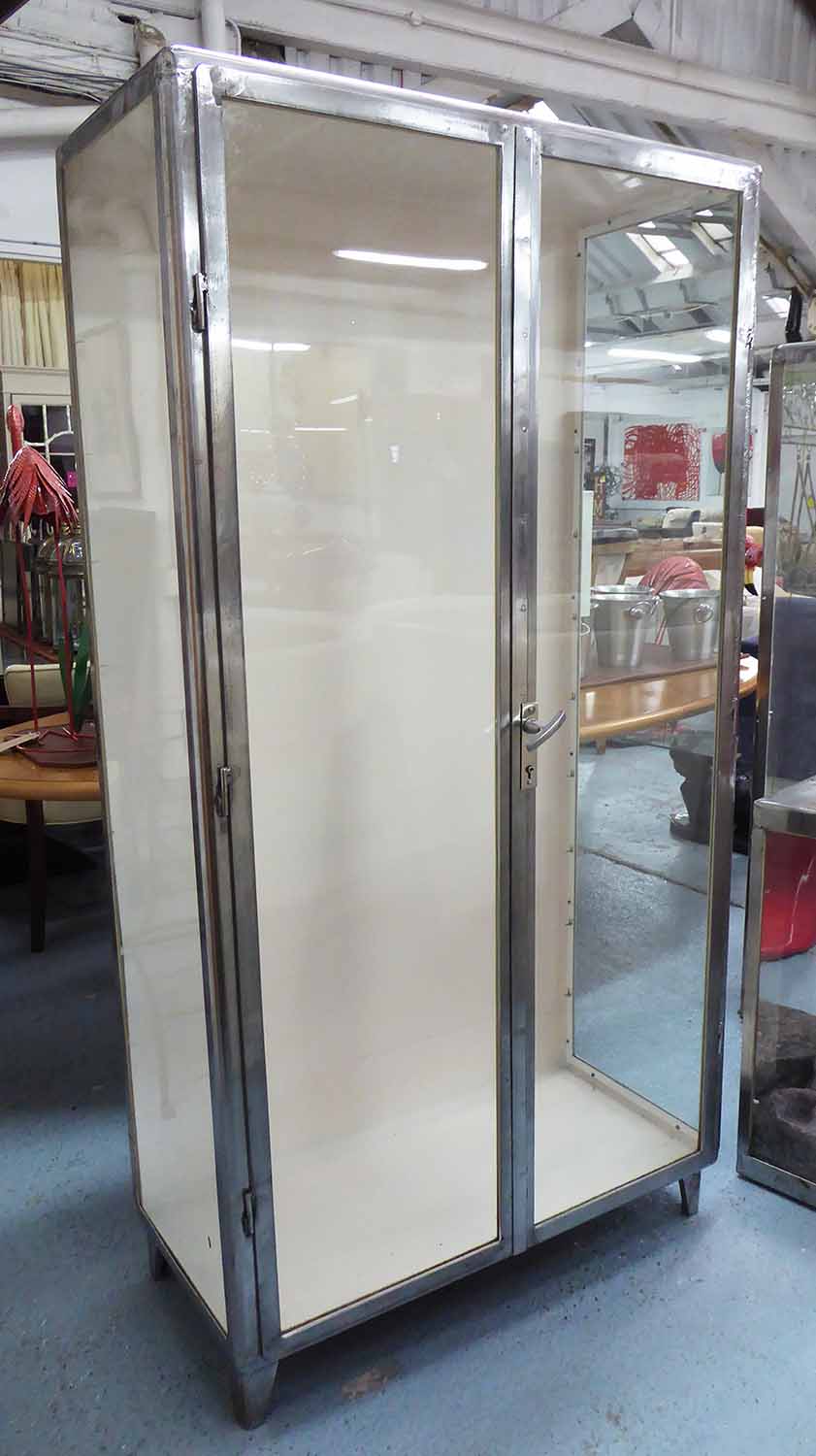 DISPLAY CABINET, industrial polished metal with glass shelves, 95cm x 46cm x 178cm H.