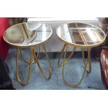 TABLES, a pair, circular mirrored top on metallic hooped legs.