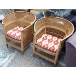 WICKER ARMCHAIRS, a pair, with Ikat cushioned seats, each 78cm W.