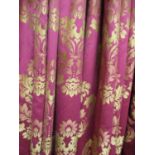 CURTAINS, a pair, in burgundy with a gold pattern, each curtain lined and interlined,