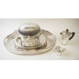 SILVER PLATED WARES, comprising a serving tray, Deco coffee pot and sugar bowl, heated dish,