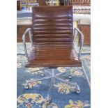 REVOLVING DESK CHAIR, Charles Eames inspired, hand finished, ribbed leaf brown leather,