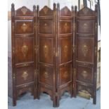 SCREEN, Indian rosewood and brass inlaid of four panels, each leaf 181cm H x 45cm W.