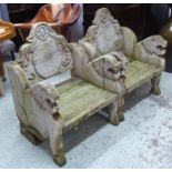 GARDEN SEATS, a pair, Mexican weathered carved wood with lion detail to arms,