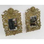 GIRANDOLES, two, antique gilded brass with rectangular mirrors, 40cm H x 27cm.