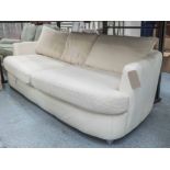 SOFA, large two seater, in cream leather and cream fabric on metal supports, 231 cm long.