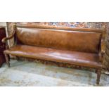 WAITING ROOM BENCH, Victorian, mahogany with brown leather padded seat and back, 210cm W.