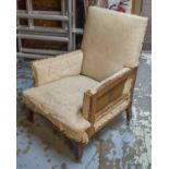 LIBRARY ARMCHAIR, late Victorian mahogany in old calico (requires upholstery), 74cm W.