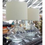 TABLE LAMPS, a pair, glass with shades, overall each 54cm H.