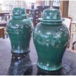 VASES, a pair, Chinese jade green ceramic in the form of ginger jars, 45cm H.