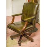 DESK CHAIR, green leather upholstered with swivel seat, 62cm W.