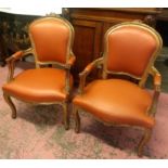 FAUTEUILS, a pair, vintage Louis XV design with leather upholstery, 58cm W.