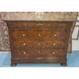 COMMODE, 19th century Louis Phillippe, burr walnut and gilt metal mounted with four long drawers,