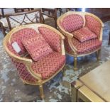 BERGERES, a pair, Louis XVI style with gilt showframes and red patterned upholstery,