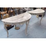 CONSOLE TABLES, a pair, early 20th century Continental of demi lune outline and grey painted,