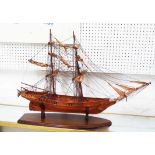 MODEL SHIP, hand made square rigged on stand, 60cm L x 55cm H.