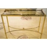 CONSOLE TABLE, brass framed with rectangular tinted glass top, 78cm H x 101cm x 37cm.