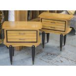 BEDSIDE TABLES, a pair, mid 20th century ash, ebonised and brass mounted with two drawers,