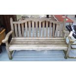 GARDEN BENCH, in weathered teak, 151cm W x 67cm D x 91cm H.