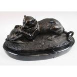 ANIMALIER BRONZE, cougar and alligator, marble base, 40cm L x 17cm H.