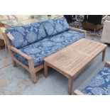 INDIAN OCEAN GARDEN BENCH, teak with blue patterned cushion, 185cm L x 90cm D, plus low table,