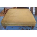 HEARTH STOOL, vintage square yellow velvet upholstered with turned supports, 111cm x 111cm x 35cm.