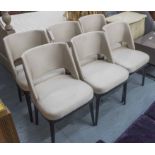 GRANVILLE DINING CHAIRS, a set of six, in cream on square ebonised supports, 52cm W.
