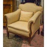ARMCHAIR, Edwardian painted mahogany with patterned cream upholstery and floral decorated frame,
