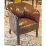 TUB ARMCHAIR, 1930's piped and hand finished tan brown leather with curved back and arms, 67cm W.